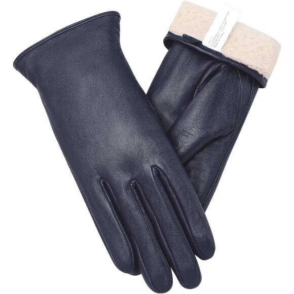 Women's Dark Blue Touch Screen Warm Winter Driving Hull-Hand Leather Gloves - Picture 1 of 6